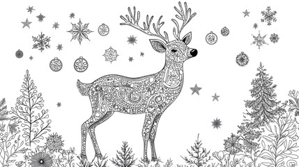 christmas a4 colouring page, black and white reindeer