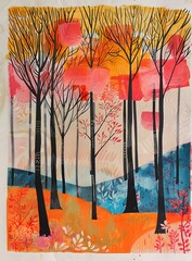 Wall Mural - Abstract Art Illustration Of Autumn Trees In A Forest