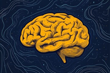 Aufkleber - A yellow brain on a blue background, a simple flat illustration with bold lines and shapes, high contrast, and contrasting colors of dark gray and light navy blue Generative AI