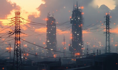 Wall Mural - A Futuristic Cityscape with Glowing Towers and Power Lines