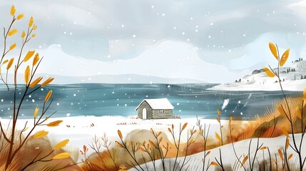 Wall Mural - Winter Landscape With A Small Cabin And Snow Falling