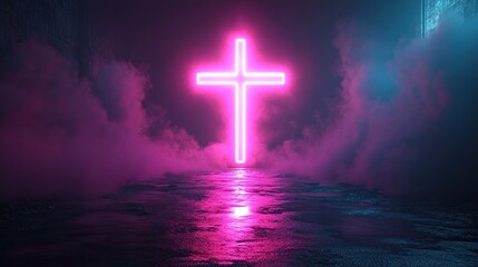 mystical clou an cross sign glowing with pink blue neon light abstract background