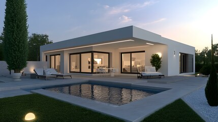 Wall Mural - Modern Villa with Pool and Garden at Dusk