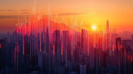 Poster - An abstract financial graph with upward and downward trends, overlaid on a cityscape at sunset, representing economic growth and decline.