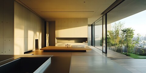 Sticker - Modern Minimalist Home Interior Design with Concrete Walls and Large Windows