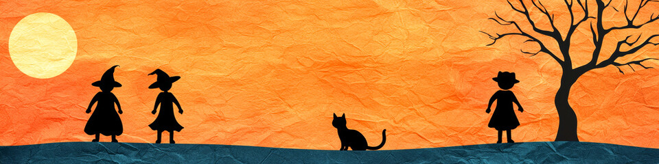 Wall Mural - Silhouettes of Witches, Cat, and Child Against an Orange Sunset Background with Crumpled Paper Texture