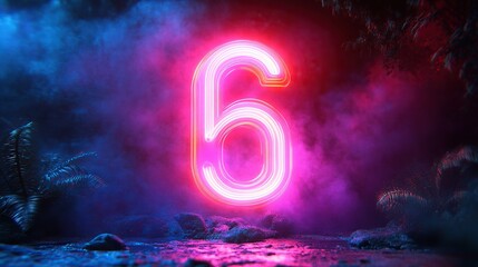 Canvas Print - neon linear number six an colorful clou glowing with pink blue neon light abstract fantasy background