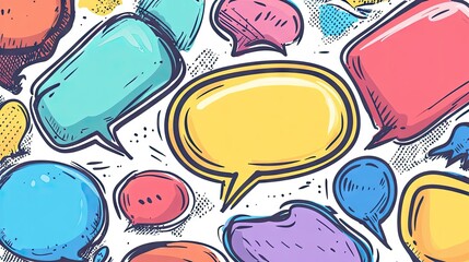 Fototapete - Assorted speech bubble text boxes and message balloons in doodle style, featuring space for custom text. Ideal for communication and digital media graphics.