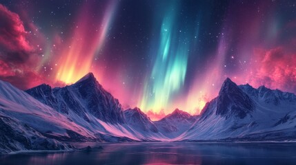 Sticker - Aurora Borealis Over Snowy Mountains