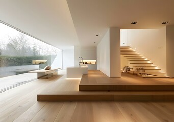 Sticker - Modern Minimalist Interior Design With Wooden Stairs and Large Window