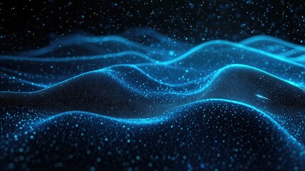 Poster - Black background with undulating blue lines of particles forming an abstract digital interface, ideal for modern tech and communication visuals.