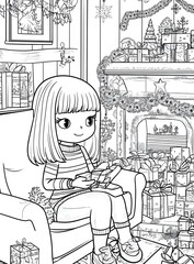 Wall Mural - Girl Sitting By Fireplace With Presents For Christmas