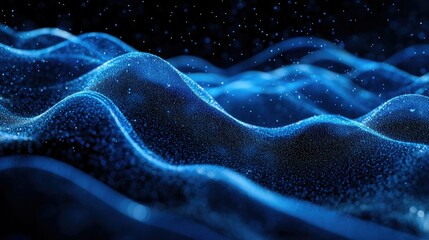 Poster - Blue horizontal lines of particles creating a wavy effect on a black canvas, ideal for tech visuals and abstract digital interface representations.