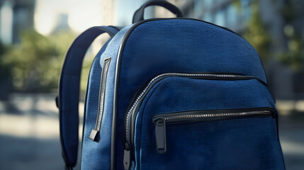 Close-up of a blue leather backpack with a zipper.