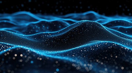 Poster - Blue horizontal lines of particles creating a wavy effect on a black canvas, ideal for tech visuals and abstract digital interface representations.