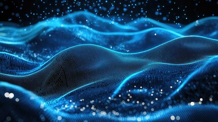 Leinwandbilder - Blue horizontal lines of particles creating a wavy, undulating effect on a dark background, emphasizing abstract digital landscapes and communication technology. -