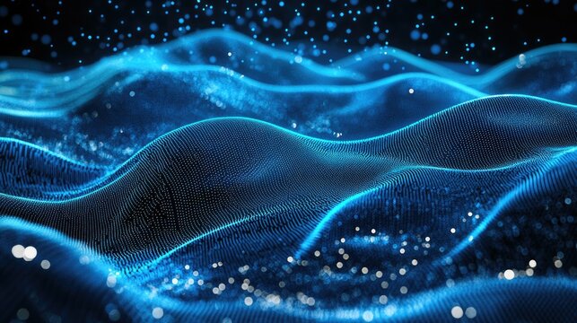 Blue horizontal lines of particles creating a wavy, undulating effect on a dark background, emphasizing abstract digital landscapes and communication technology. -