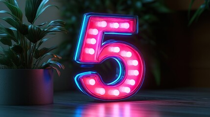 number five glowing in the dark pink blue neon light