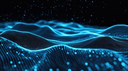 Poster - Blue horizontal particle lines creating a smooth, undulating 3D effect against a dark backdrop, capturing the essence of digital and communication technology.