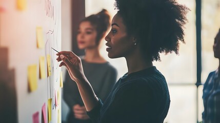 Poster - A young woman with curly hair points to a whiteboard covered in sticky notes during a brainstorming session.