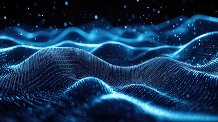 Poster - Blue horizontal particle lines creating a smooth, undulating 3D effect against a dark backdrop, capturing the essence of digital and communication technology.