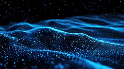 Poster - Blue horizontal particle lines creating a smooth, undulating 3D effect against a dark backdrop, capturing the essence of digital and communication technology.