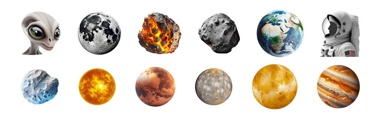 Wall Mural - cosmic icon set: a collection of 12 icons representing celestial bodies, including a friendly alien,