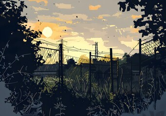 Sticker - Sunset View Through Wire Fence