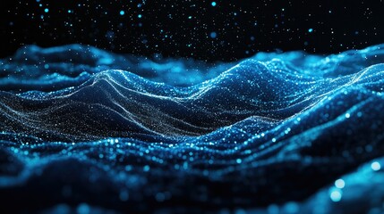 Wall Mural - Blue particles creating smooth, horizontal waves on a dark background, showcasing an abstract 3D landscape for communication technology visuals.