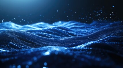Poster - Blue particles creating smooth, horizontal waves on a dark background, showcasing an abstract 3D landscape for communication technology visuals.