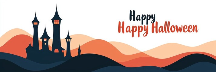 Wall Mural - Spooky Halloween Castle Silhouette with Happy Halloween Text on Orange and Black Wavy Background