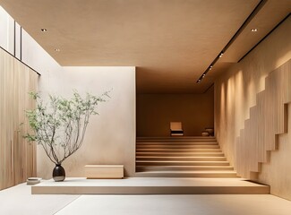 Sticker - Minimalist Interior Design with Wooden Stairs and a Small Tree