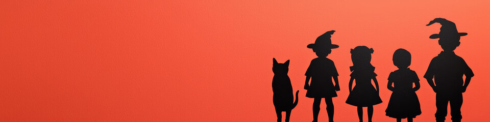 Wall Mural - Silhouettes of Children and a Cat in Halloween Costumes Against an Orange Background