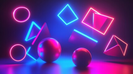 Abstract Neon Shapes and Spheres in Dark Background