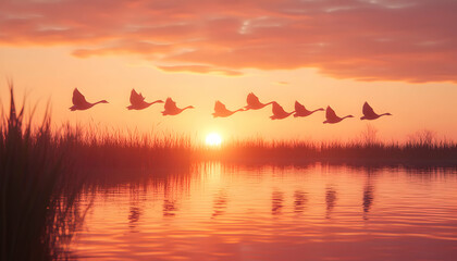 Wall Mural - A flock of geese flying in formation over a lake at sunset.