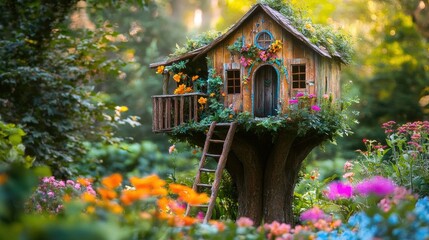 A whimsical pet house designed like a treehouse, complete with small ladders and a leafy exterior, placed in a garden with colorful flowers.