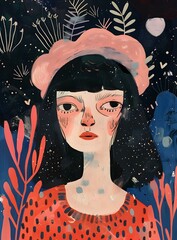 Canvas Print - Girl with a Pink Beret Illustration