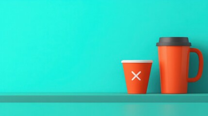 Warning symbols near coffee cup, allergy awareness, flat design illustration