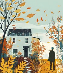 Wall Mural - Autumn Illustration with Person in Front of House