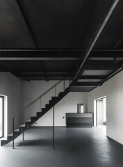 Canvas Print - Modern Black Staircase in Empty Loft