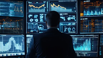 Poster - Businessman analyzing financial graphs on multiple screens, high-tech office environment