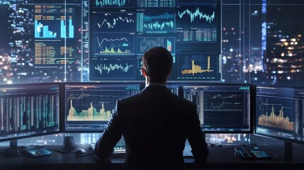 Poster - Businessman analyzing financial graphs on multiple screens, high-tech office environment