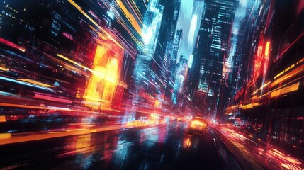 Poster - City background with flowing abstract light trails, creating a fusion of neon colors and motion for a futuristic urban vibe. -