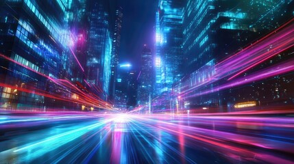 Poster - City background with flowing abstract light trails, creating a fusion of neon colors and motion for a futuristic urban vibe. -