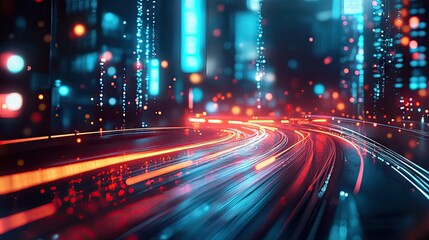 Poster - City background with flowing abstract light trails, creating a fusion of neon colors and motion for a futuristic urban vibe. -