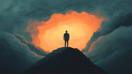 Wall Mural - dark figure standing at the edge of a cliff, surrounded by swirling clouds of despair, a faint light