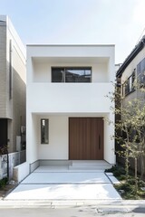 Wall Mural - Modern White House with Wooden Door in Japan