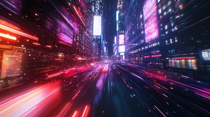 City lights and abstract motion trails creating a lively and futuristic atmosphere, showcasing a modern urban environment in motion.