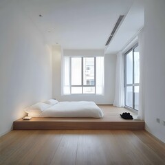 Poster - Minimalist Bedroom Interior Design with Wooden Platform Bed and Large Windows