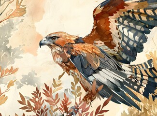 Poster - Watercolor Illustration Of A Hawk With Spread Wings